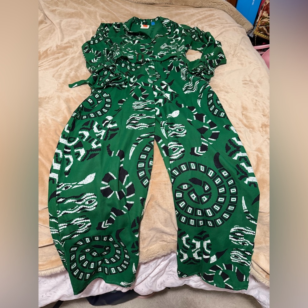 Anthropologie X Farm Rio Dark Green Patterned Jumpsuit Women’s Medium 🐍 Snake - Picture 5 of 7
